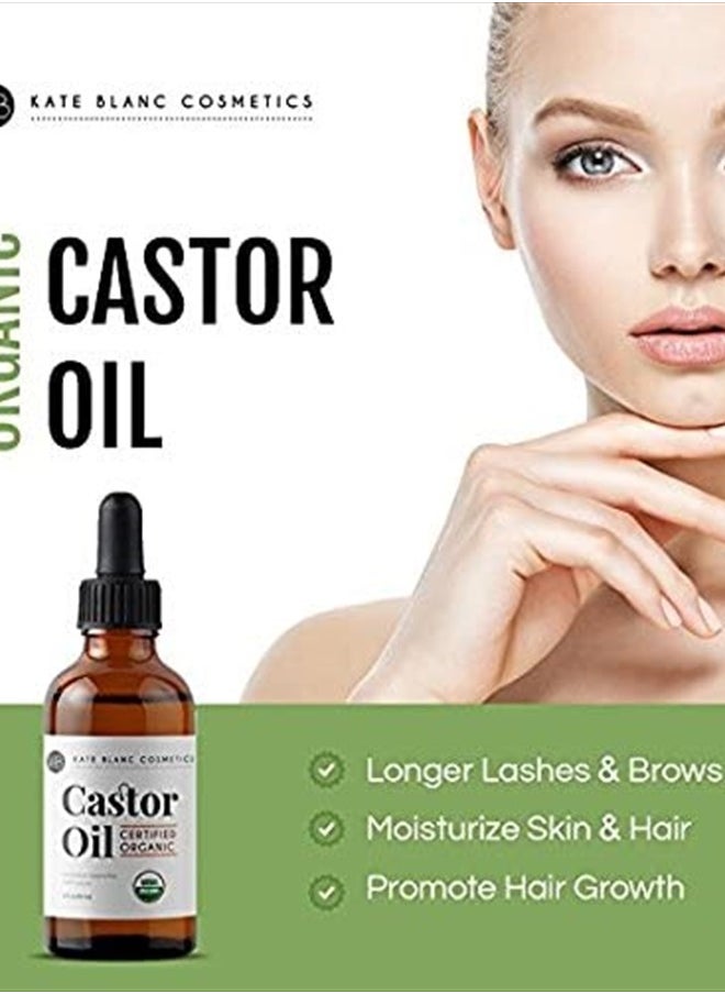 Castor Oil Organic (2oz), 100% Pure, Cold Pressed, Hexane Free. Natural Oil for Hair, Eyelashes, Eyebrows. Skin Moisturizer with Starter Kit