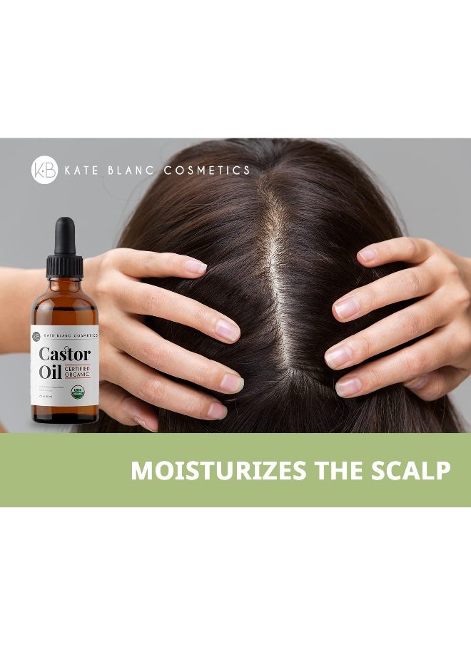 Castor Oil Organic (2oz), 100% Pure, Cold Pressed, Hexane Free. Natural Oil for Hair, Eyelashes, Eyebrows. Skin Moisturizer with Starter Kit