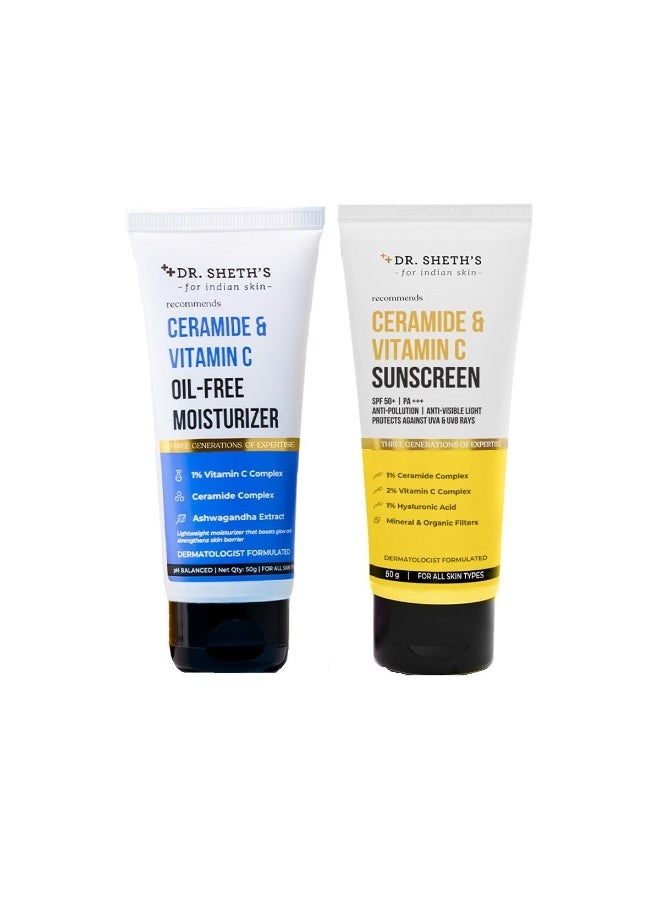 Glow & Sun Protect Duo | Lightweight Sunscreen & Oil-Free Moisturizer Combo | Nourished & Protected Skin | For Normal to Combination Skin | For Men & Women | 50 g x 2