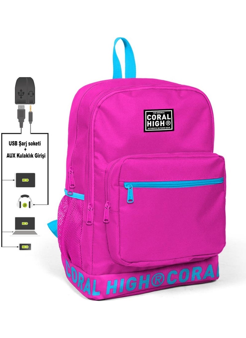 Pink Backpack with Embroidery Logo and USB Charging Headphone Output 24108