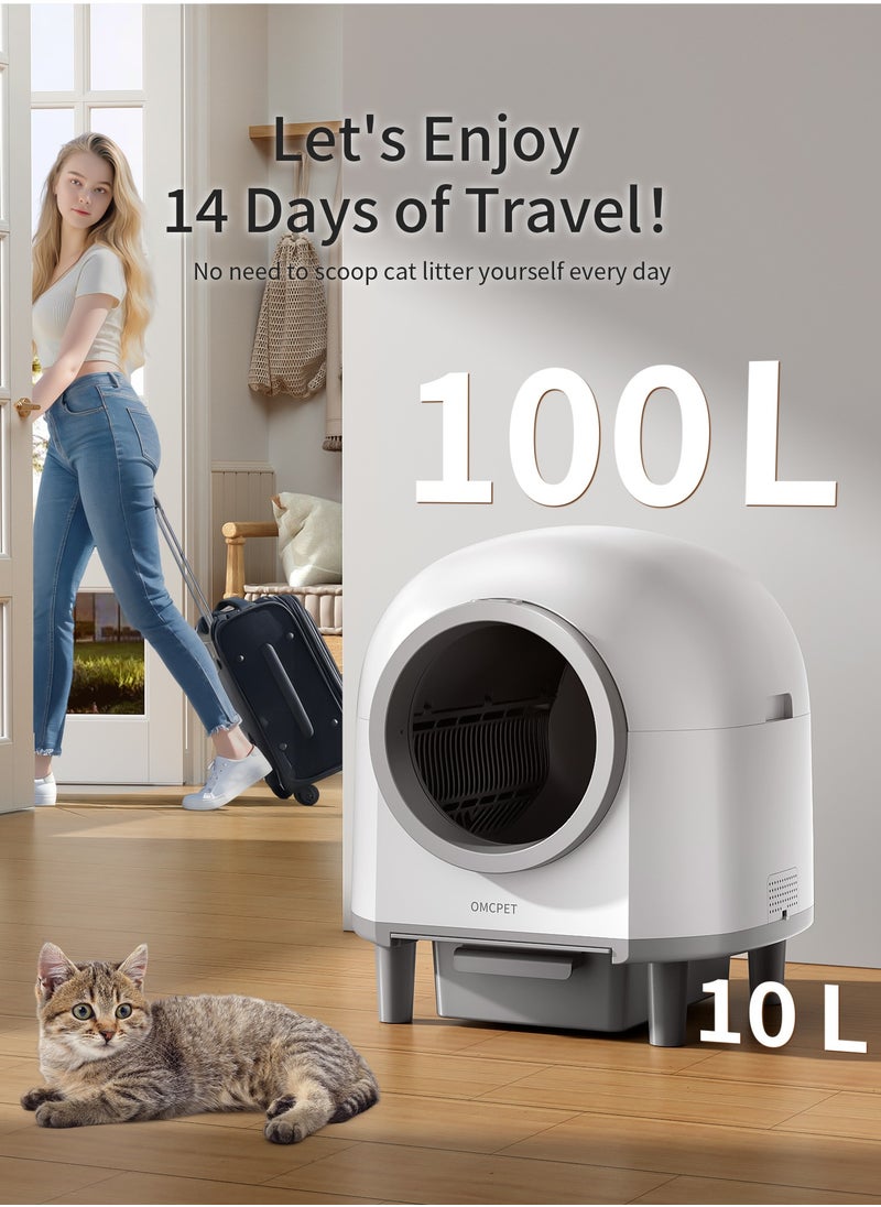 Smart Cat Litter Box Self Cleaning with Stairs,100L Automatic Litter Box Can be Used for 14 Days,10 Safety Sensor Radars/Advanced Odor Control/APP-WiFi-Control-White