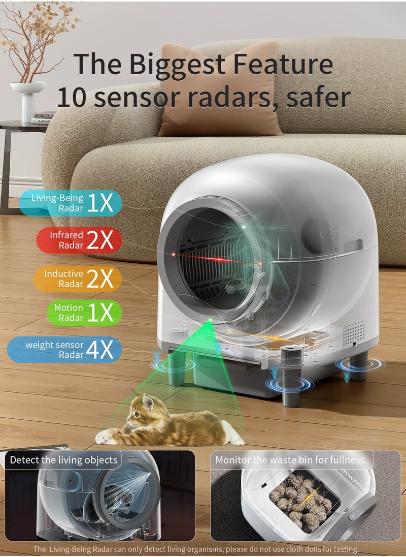 Smart Cat Litter Box Self Cleaning with Stairs,100L Automatic Litter Box Can be Used for 14 Days,10 Safety Sensor Radars/Advanced Odor Control/APP-WiFi-Control-White