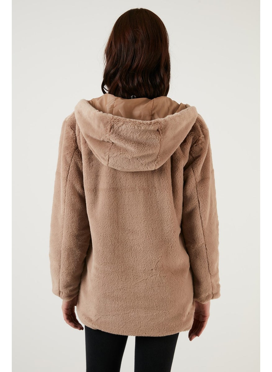 Zippered Regular Fit Hooded Soft Textured Faux Fur Women's Fur 497DERIN