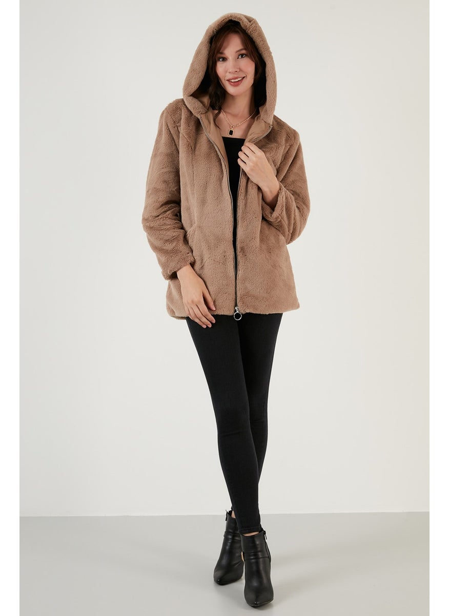 Zippered Regular Fit Hooded Soft Textured Faux Fur Women's Fur 497DERIN