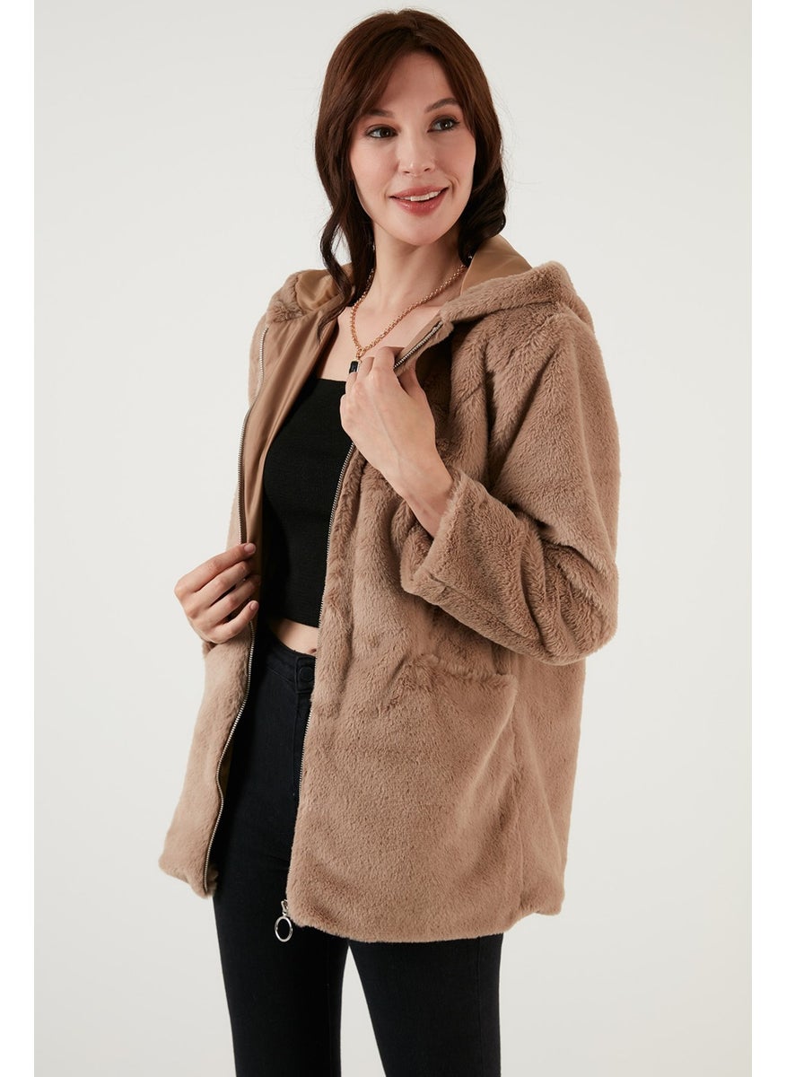 Zippered Regular Fit Hooded Soft Textured Faux Fur Women's Fur 497DERIN