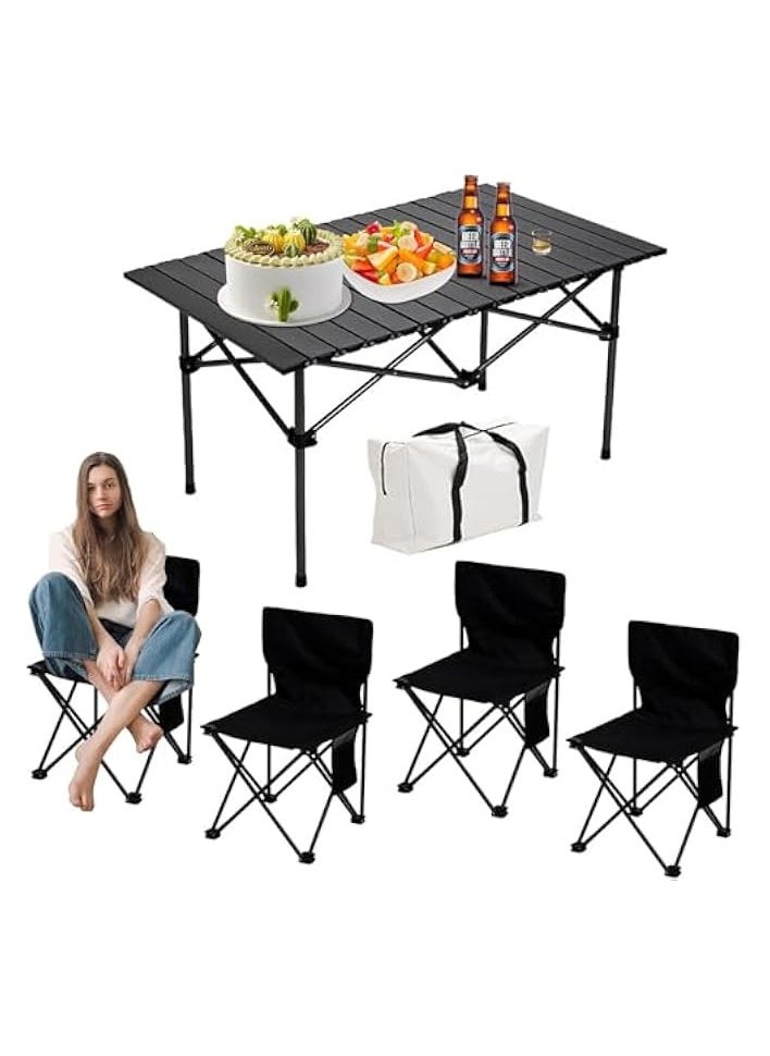 Adjustable Portable Camping Picnic Aluminum Family Table with 4 Chairs Set and Large Storage for Outdoor Travel Garden BBQ Beach Party with Carrying Storage Bag (Black Table and Chair)55D x 120W