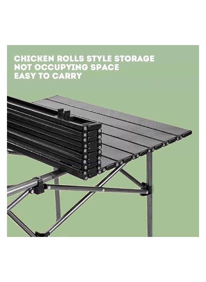 Adjustable Portable Camping Picnic Aluminum Family Table with 4 Chairs Set and Large Storage for Outdoor Travel Garden BBQ Beach Party with Carrying Storage Bag (Black Table and Chair)55D x 120W