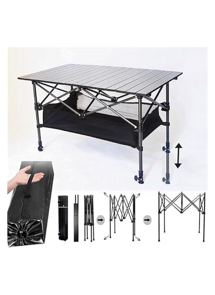 Adjustable Portable Camping Picnic Aluminum Family Table with 4 Chairs Set and Large Storage for Outdoor Travel Garden BBQ Beach Party with Carrying Storage Bag (Black Table and Chair)55D x 120W