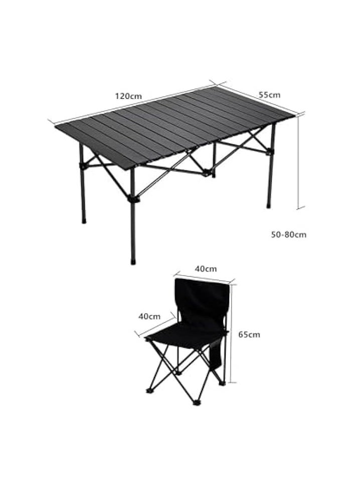 Adjustable Portable Camping Picnic Aluminum Family Table with 4 Chairs Set and Large Storage for Outdoor Travel Garden BBQ Beach Party with Carrying Storage Bag (Black Table and Chair)55D x 120W