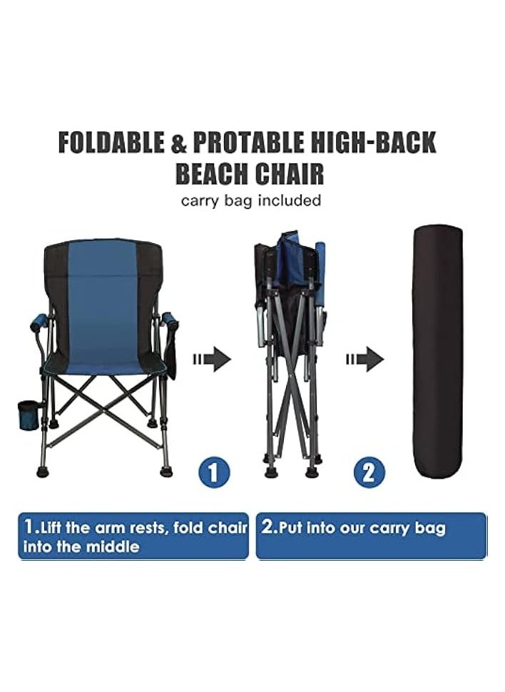 Outdoor Portable Camping Chair, Lightweight Folding Camping Chair, Heavy Duty Support 145KG, High Back Padded Lawn Chair with Arm Rest Cup Holder and Portable Carrying Bag