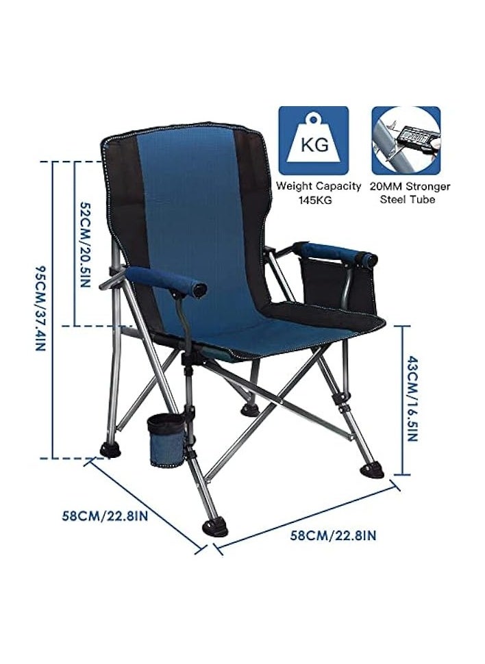 Outdoor Portable Camping Chair, Lightweight Folding Camping Chair, Heavy Duty Support 145KG, High Back Padded Lawn Chair with Arm Rest Cup Holder and Portable Carrying Bag