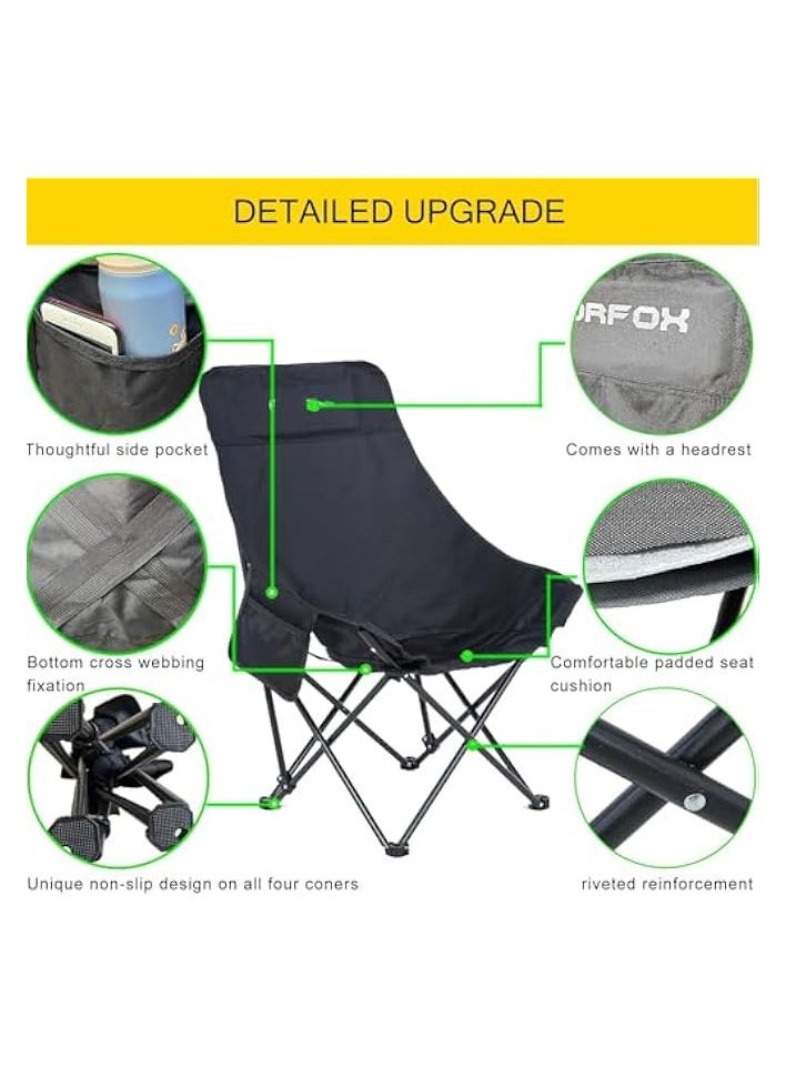 Portable Folding Camping Chair with High Back Upholstered Side Pocket Headrest Oversized Lightweight Lawn Chair Outdoor Chair for Outdoor Camping, Beach, Leisure, Travel, Tailgate (Black)