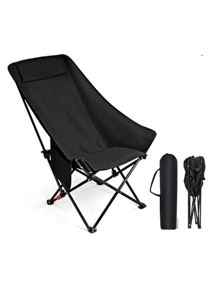 Portable Folding Camping Chair with High Back Upholstered Side Pocket Headrest Oversized Lightweight Lawn Chair Outdoor Chair for Outdoor Camping, Beach, Leisure, Travel, Tailgate (Black)