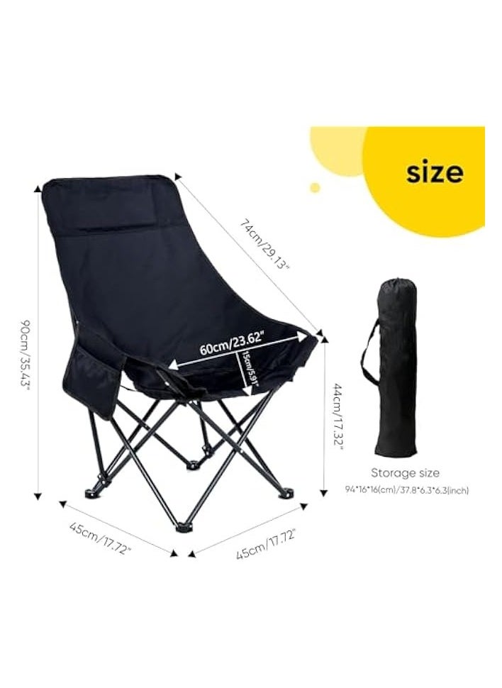 Portable Folding Camping Chair with High Back Upholstered Side Pocket Headrest Oversized Lightweight Lawn Chair Outdoor Chair for Outdoor Camping, Beach, Leisure, Travel, Tailgate (Black)