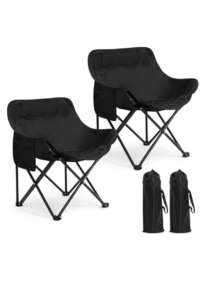 Folding Moon Chair, Camping Chair with Side Pocket, Portable Lightweight Foldable Backpacking Chair Ultra Durable for Outdoor Hiking Beach Travel with Carrying Bag (2*black moon chair)