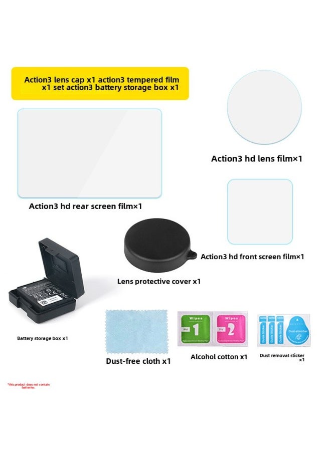 DJI DJI Action3 Accessories HD Tempered Film Dust-proof Scratch-proof Tempered Screen Lens Cover Battery Storage Box-Color:action3 Tempered Screen Set