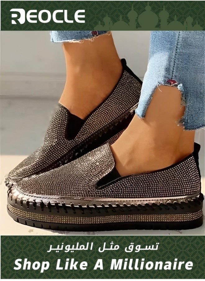 Women's Flats Shoes Rhinestone thick-soled slip-ons Sneakers Casual Comfort Platform Walking Shoes Cute Bowknot Glitter Bling Loafers