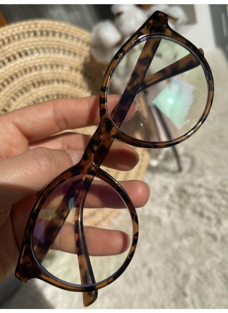 Round Leopard Patterned Transparent Women's Glasses 50 Glasses Brown UV400 Transparent Leopard