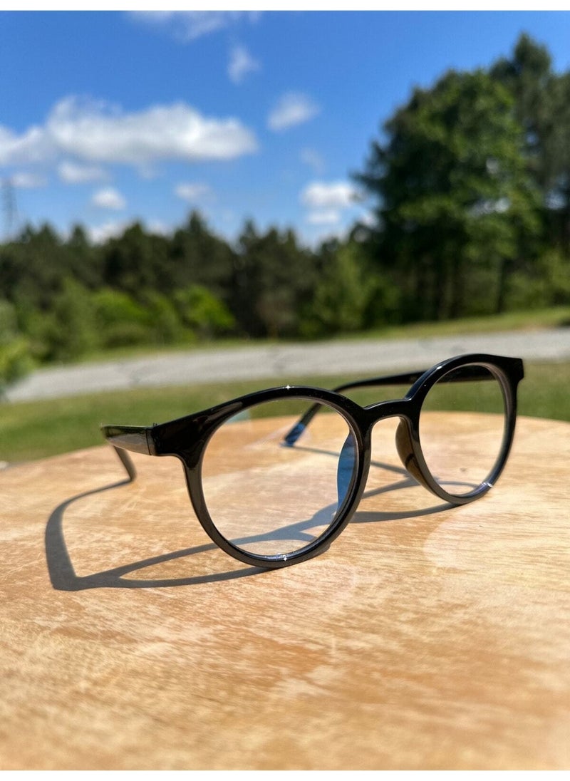 Black Black Thick Round Unisex Clear Glass Blue Light Protective Glasses Transparent Acetate Round 50