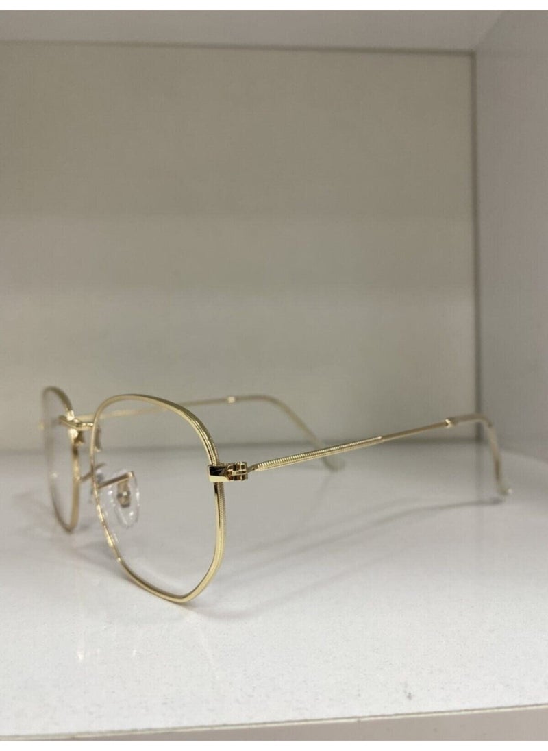 UV400 Unnumbered Gold Pentagonal Unisex Glasses with Blue Light Filter Transparent 51 Geometric Gold Plastic Six