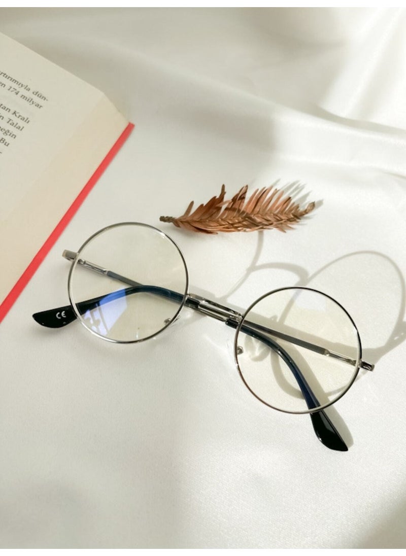 Metal Retro Unisex Blue Light Protected Round Clear Glasses Clear UV400 45 Round Glass Silver Silver