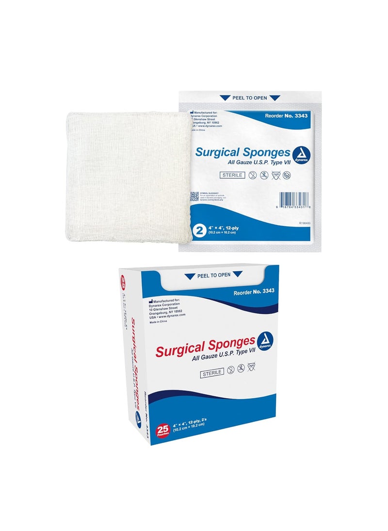 Dynarex Surgical Gauze Sponges - Absorbent Cotton Fabric with Folded Edges - Soft, Durable, Individually Wrapped Dressing - 4x4