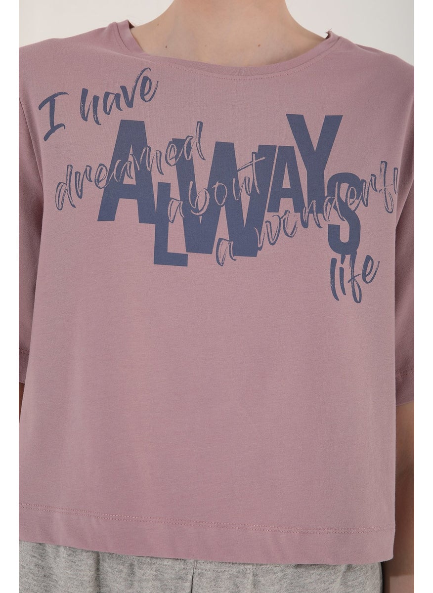 Dusty Rose Women's Asymmetrical Text Printed Oversize O Neck T-Shirt - 97136