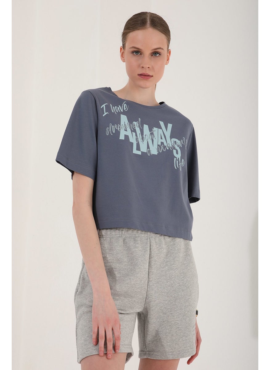 Petrol Women's Asymmetrical Text Printed Oversize O Neck T-Shirt - 97136