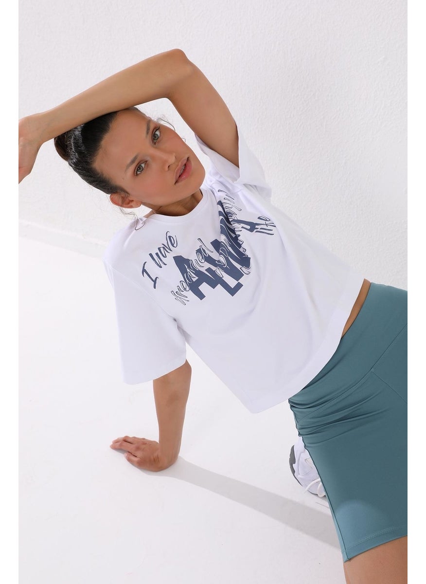White Women's Asymmetrical Text Printed Oversize O Neck T-Shirt - 97136