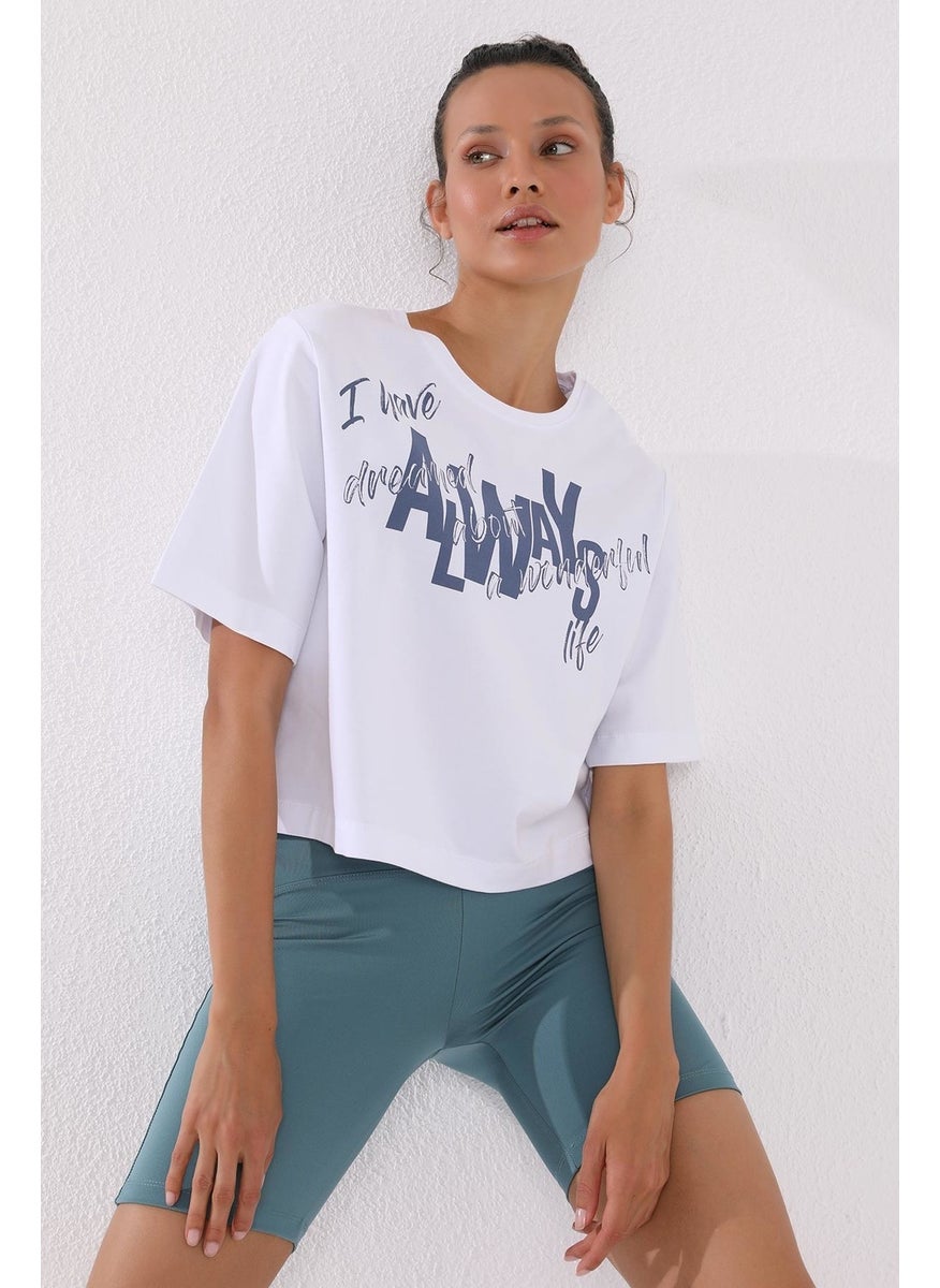 White Women's Asymmetrical Text Printed Oversize O Neck T-Shirt - 97136