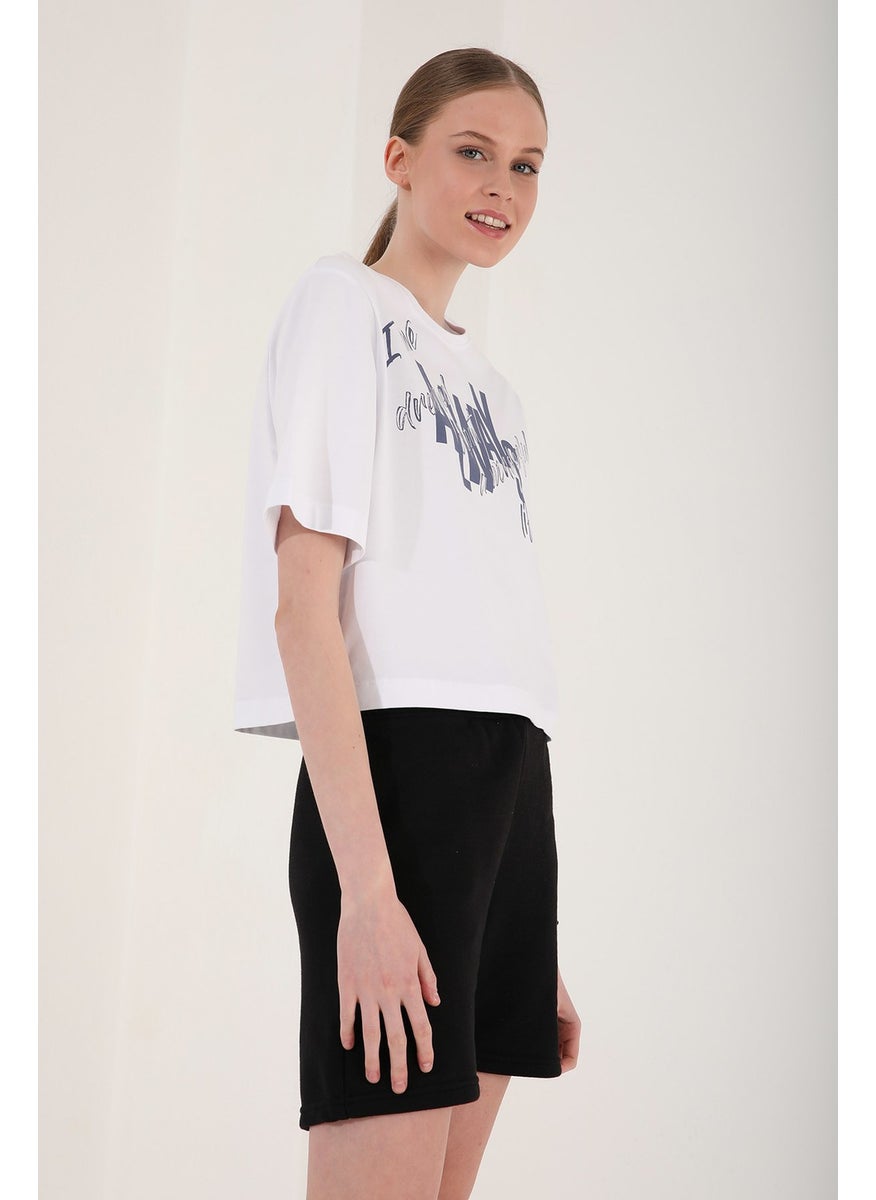 White Women's Asymmetrical Text Printed Oversize O Neck T-Shirt - 97136