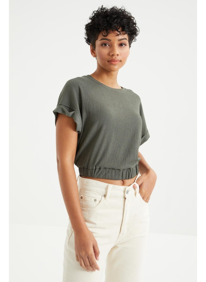 Çağla Basic O Neck Elastic Waist Crepe Fabric Women's Crop Top T-Shirt - 97227