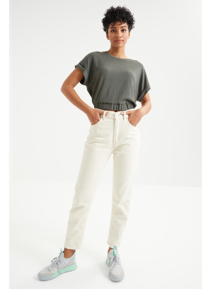Çağla Basic O Neck Elastic Waist Crepe Fabric Women's Crop Top T-Shirt - 97227
