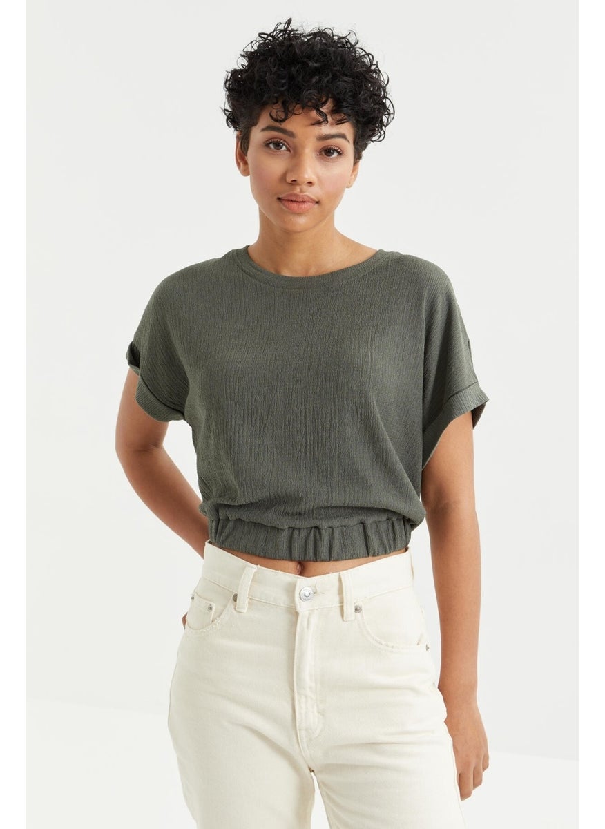Çağla Basic O Neck Elastic Waist Crepe Fabric Women's Crop Top T-Shirt - 97227