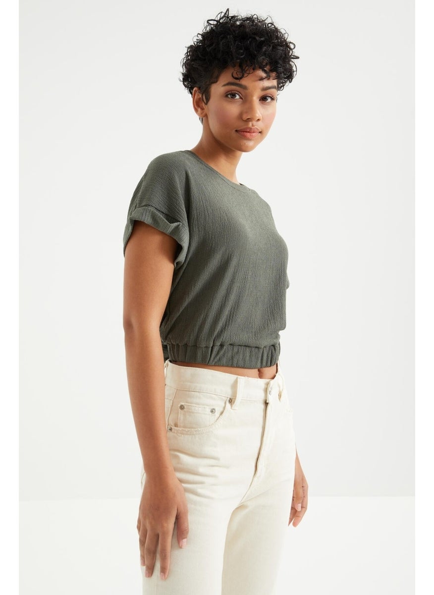 Çağla Basic O Neck Elastic Waist Crepe Fabric Women's Crop Top T-Shirt - 97227