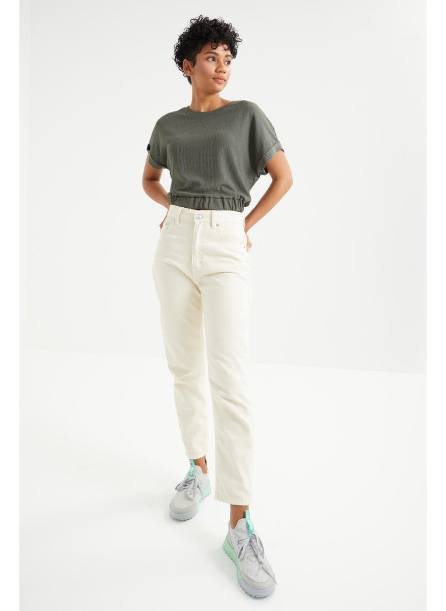 Çağla Basic O Neck Elastic Waist Crepe Fabric Women's Crop Top T-Shirt - 97227