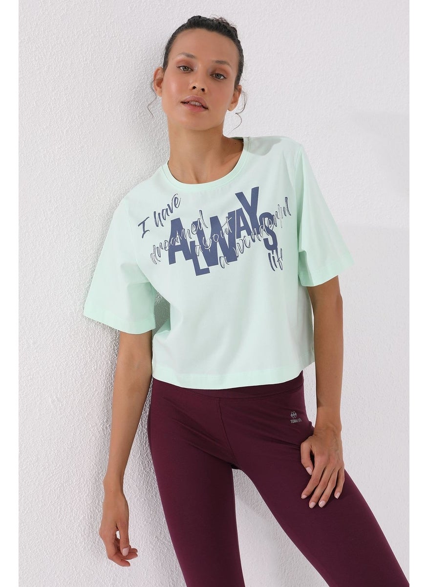 Light Green Women's Asymmetrical Text Printed Oversize O Neck T-Shirt - 97136