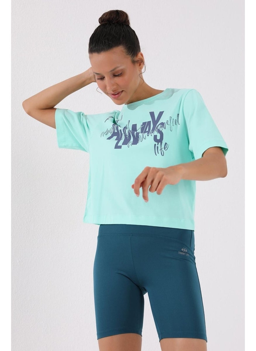 Mint Green Asymmetrical Text Printed O Neck Women's Oversize T-Shirt - 97136