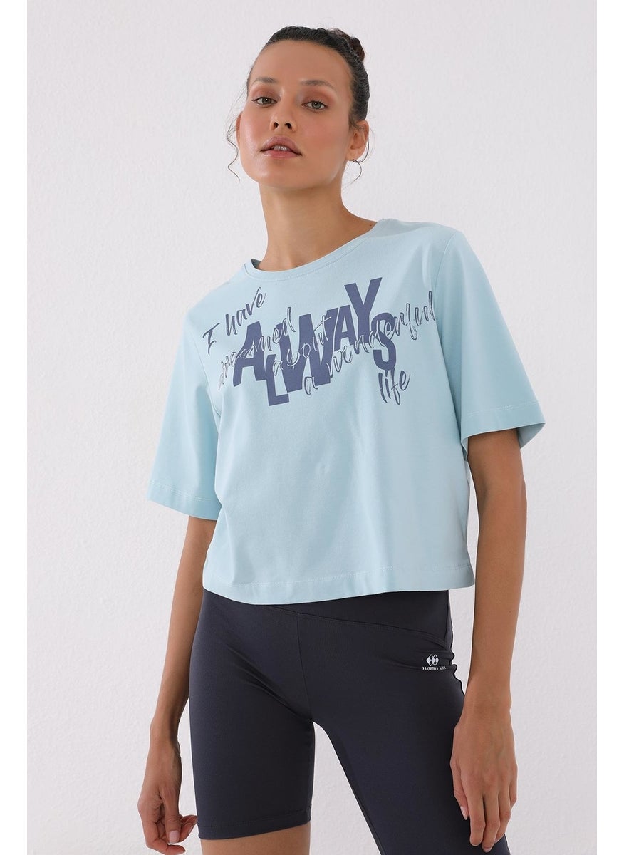Light Blue Women's Asymmetrical Text Printed Oversize O Neck T-Shirt - 97136