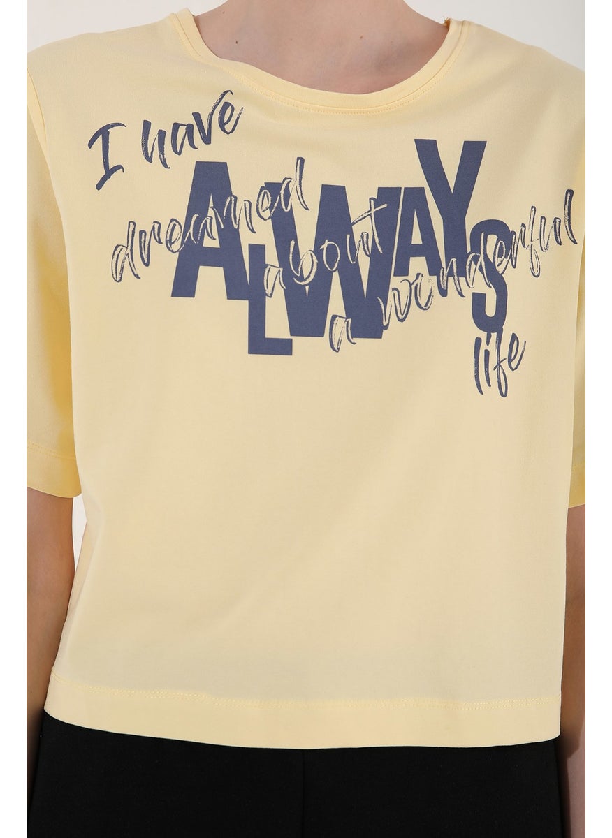 Light Yellow Women's Asymmetrical Text Printed Oversize O Neck T-Shirt - 97136