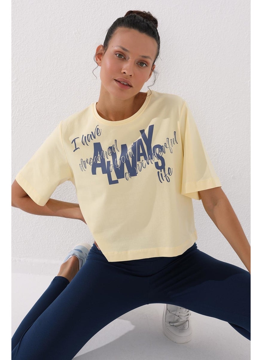 Light Yellow Women's Asymmetrical Text Printed Oversize O Neck T-Shirt - 97136