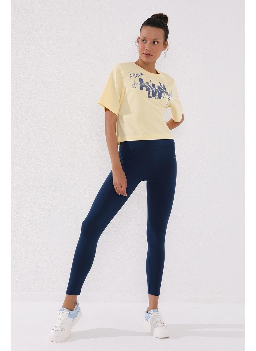 Light Yellow Women's Asymmetrical Text Printed Oversize O Neck T-Shirt - 97136