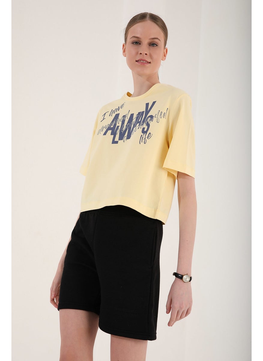 Light Yellow Women's Asymmetrical Text Printed Oversize O Neck T-Shirt - 97136