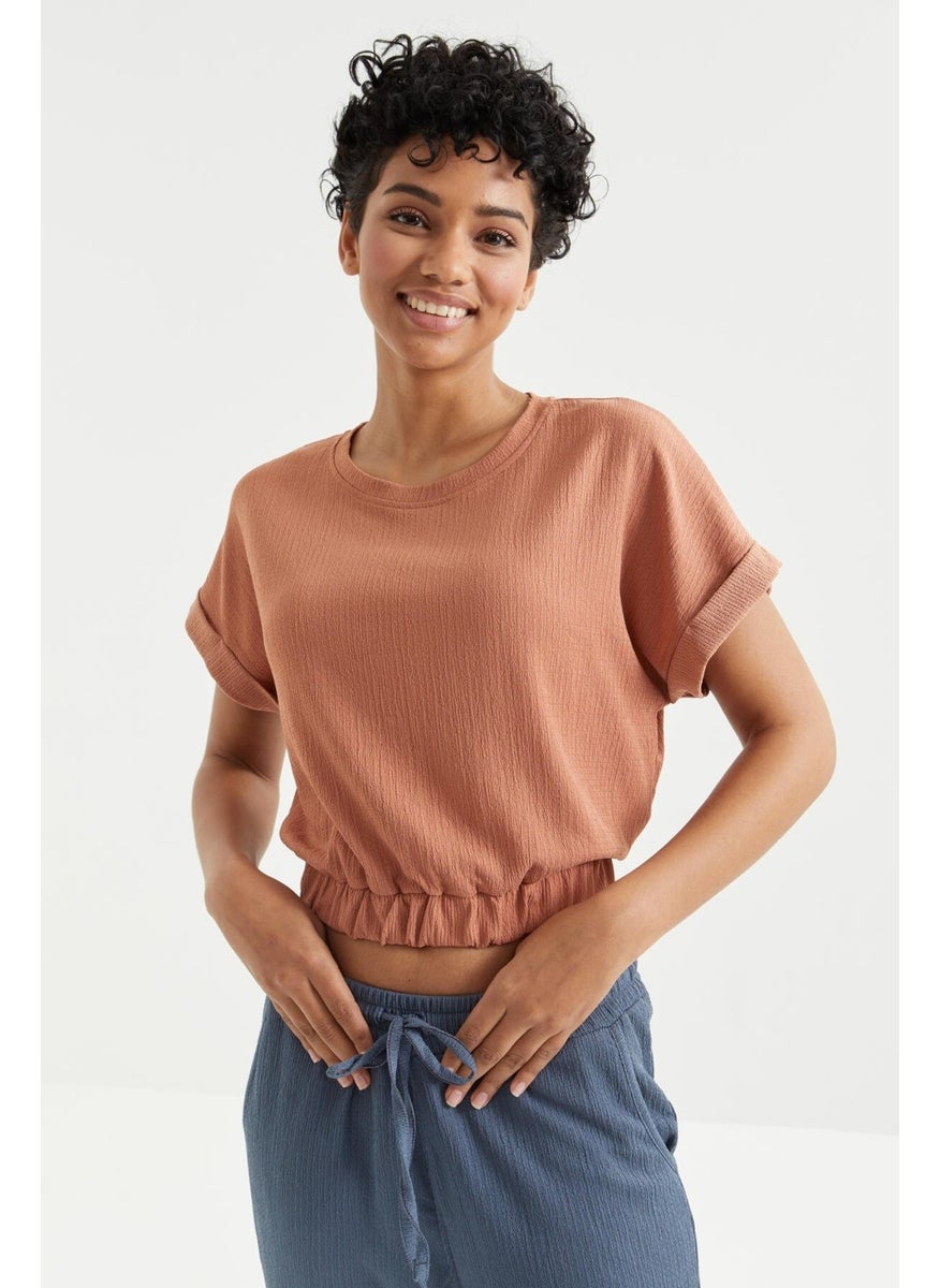 Cinnamon Basic O Neck Elastic Waist Crepe Fabric Women's Crop Top T-Shirt - 97227