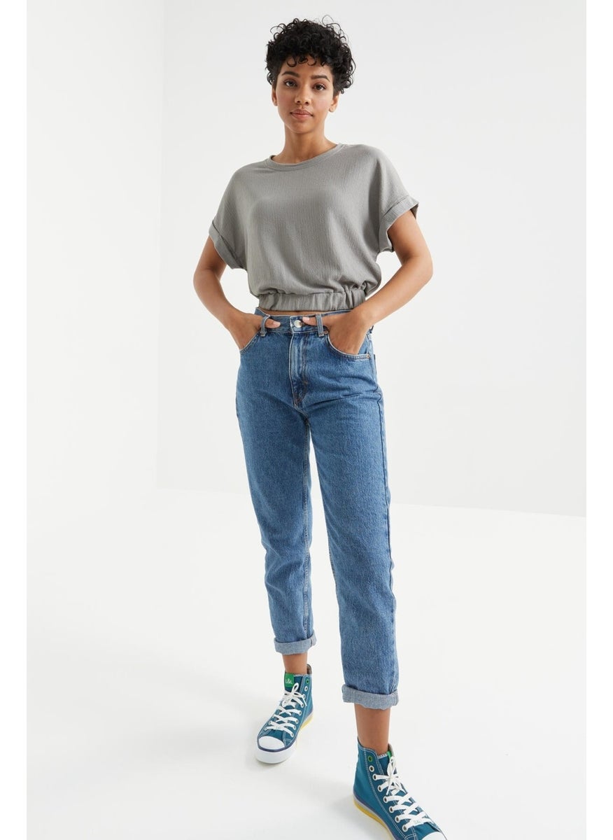 Gray Basic O Neck Elastic Waist Crepe Fabric Women's Crop Top T-Shirt - 97227