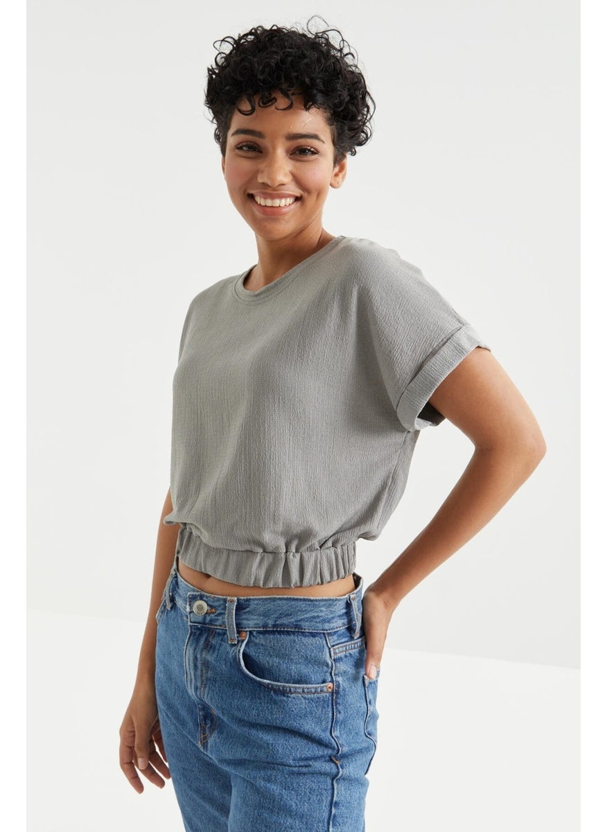 Gray Basic O Neck Elastic Waist Crepe Fabric Women's Crop Top T-Shirt - 97227