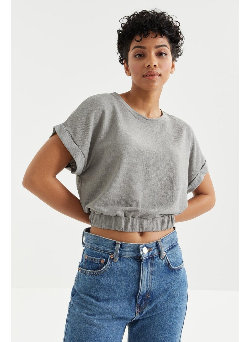 Gray Basic O Neck Elastic Waist Crepe Fabric Women's Crop Top T-Shirt - 97227