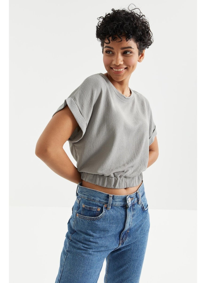 Gray Basic O Neck Elastic Waist Crepe Fabric Women's Crop Top T-Shirt - 97227