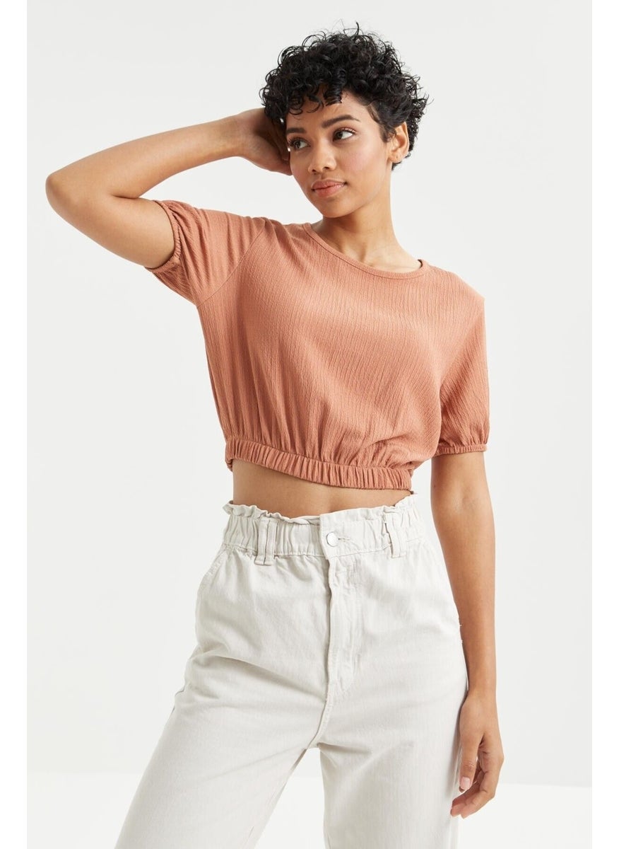 Cinnamon Balloon Sleeve O Neck Elastic Waist Crepe Fabric Women's Crop Top T-Shirt - 97221