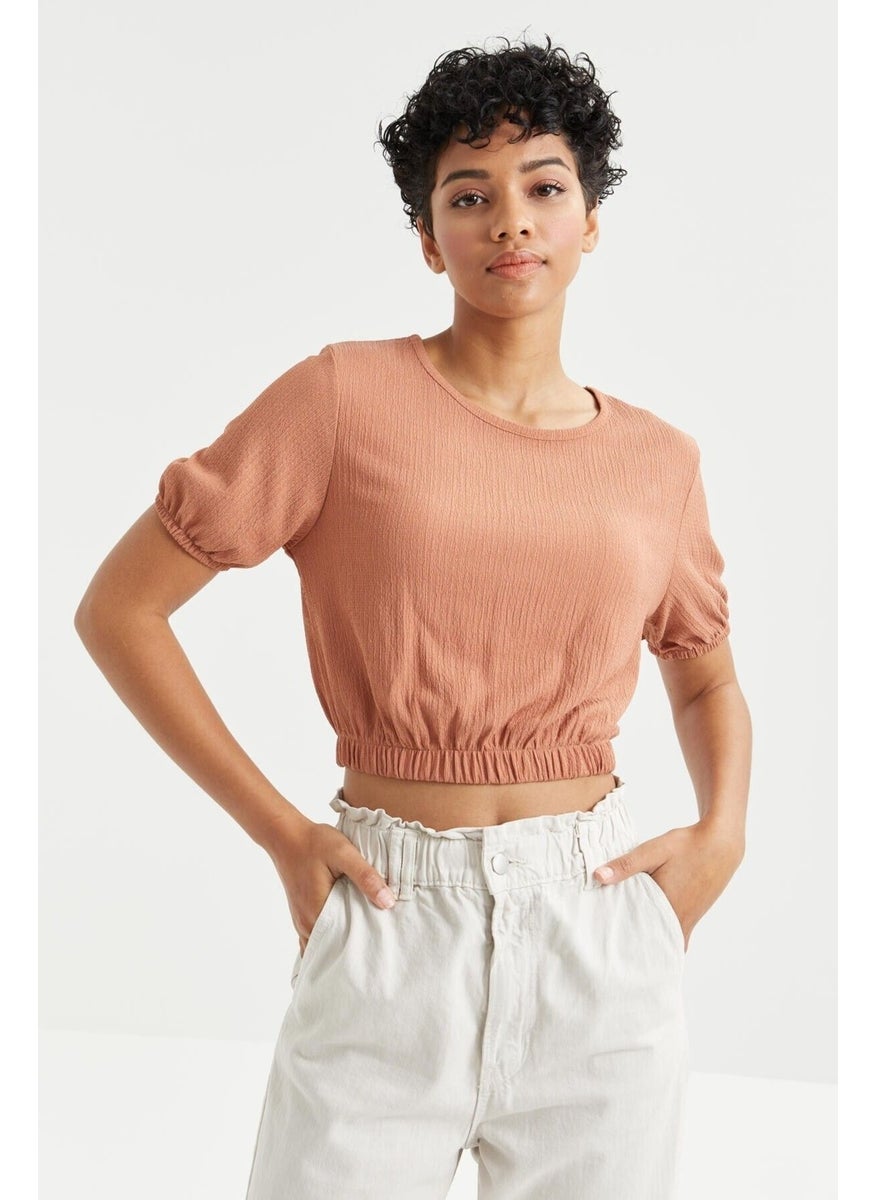 Cinnamon Balloon Sleeve O Neck Elastic Waist Crepe Fabric Women's Crop Top T-Shirt - 97221